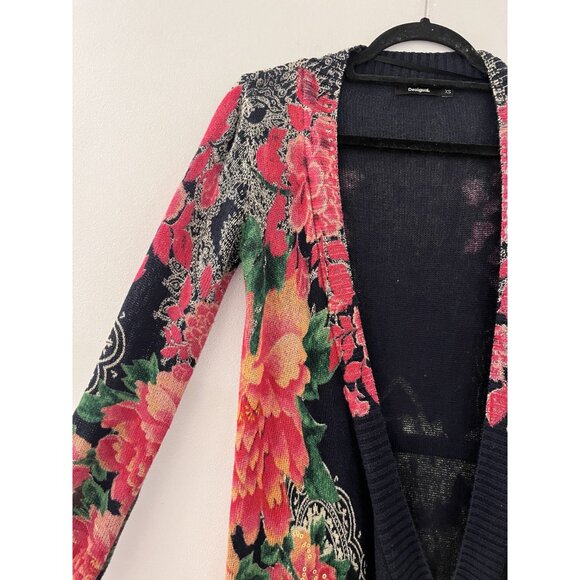 Women Desigual Open Front Cardigan Blue Colorful Size XS bohemian - Picture 2 of 8
